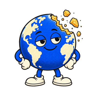 A smiling blue Earth with a bite missing and little golden crumbs